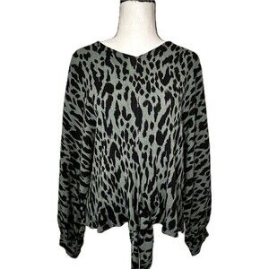 Umgee Dolman Sleeve Green & Black Animal Print V-Neck Top With Waist Tie Size XL